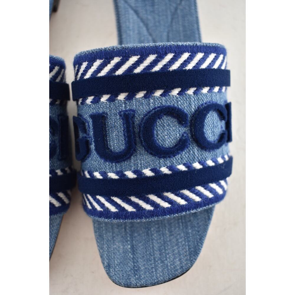 Gucci Jane Light Blue Denim Velvet Logo Mule Flat Slide Slip On Sandal 37 - Picture 11 of 16